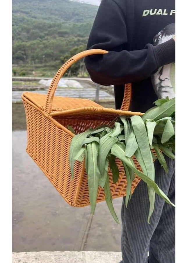 HOME TASTE TOMSUN Hand-Woven Wicker Picnic Basket Square Double Lidded Fruit Basket with Handle Storage Organizer Ideal for Holiday, Camping, and Home Decor  - Image 4