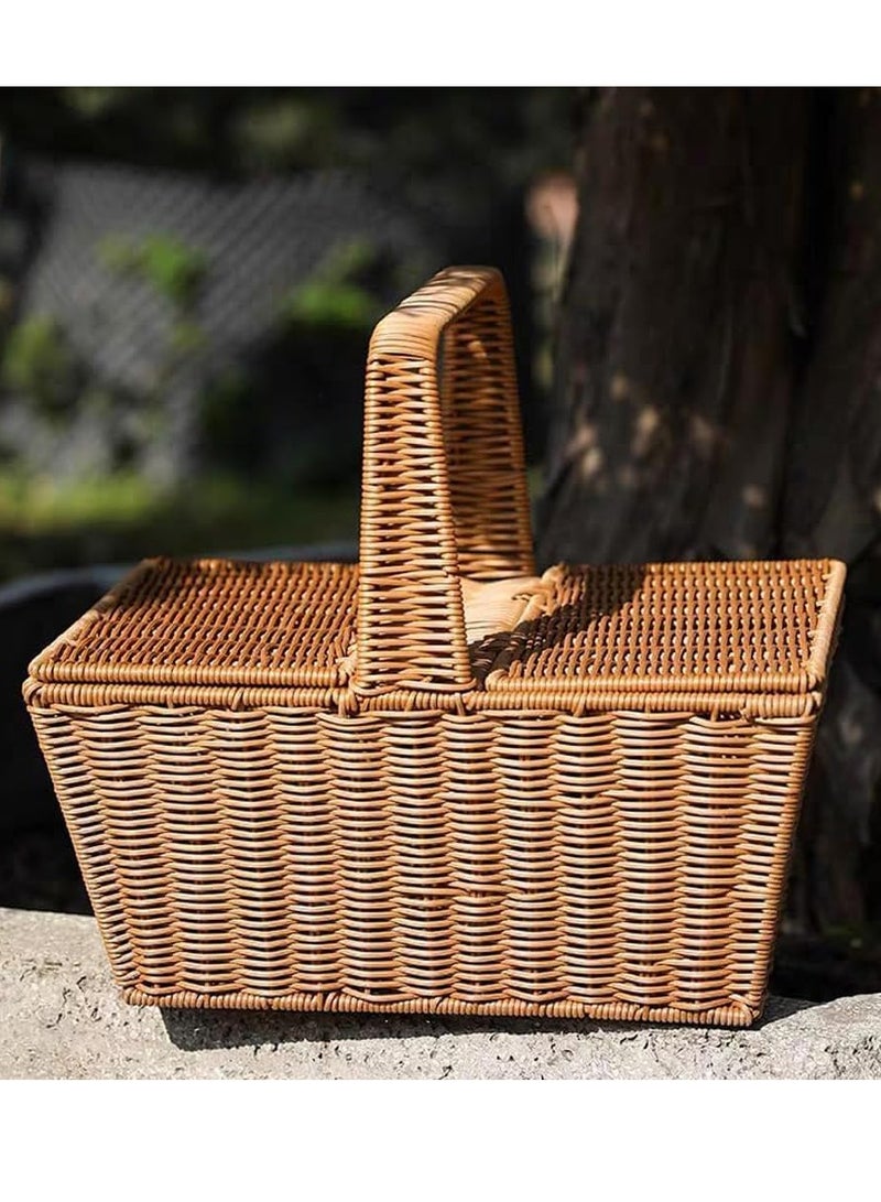 HOME TASTE TOMSUN Hand-Woven Wicker Picnic Basket Square Double Lidded Fruit Basket with Handle Storage Organizer Ideal for Holiday, Camping, and Home Decor  - Image 5