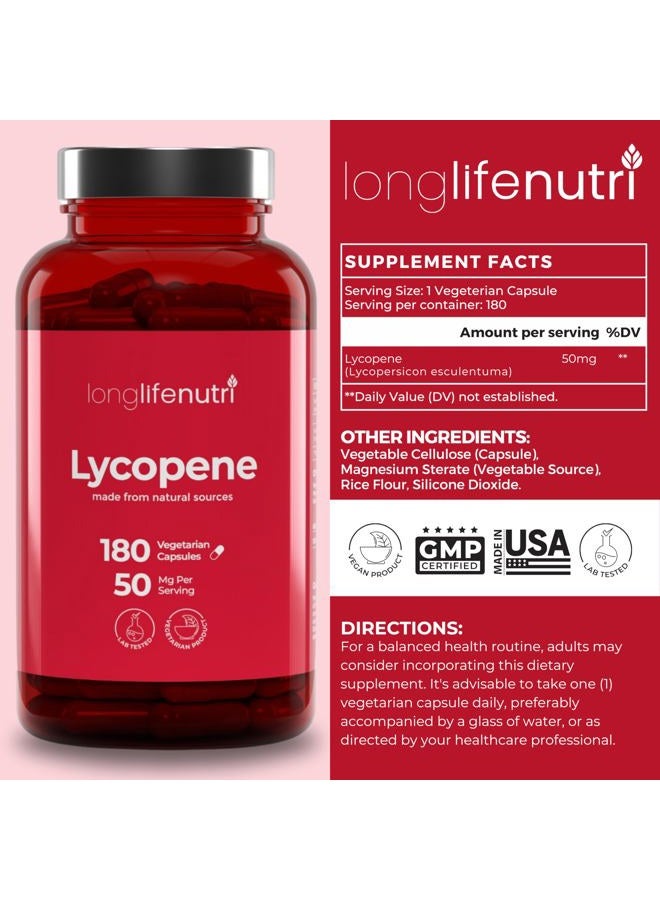 LongLifeNutri Lycopene 50mg 180 Vegetarian Capsules | Supplement Health | Natural Tomato Extract Non-GMO | Pure Powder - Image 2