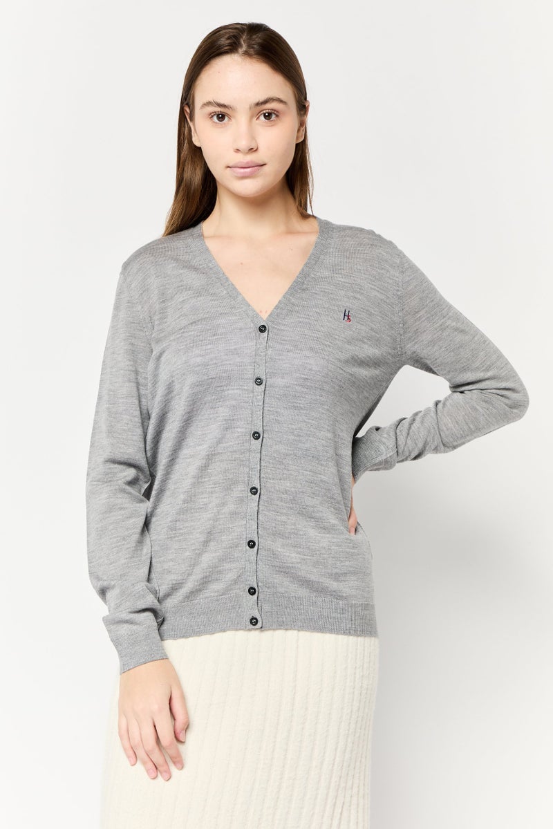 Harmont  Blaine Sport Women V-Neck Embroidered Logo Cardigan, Grey  - Image 1