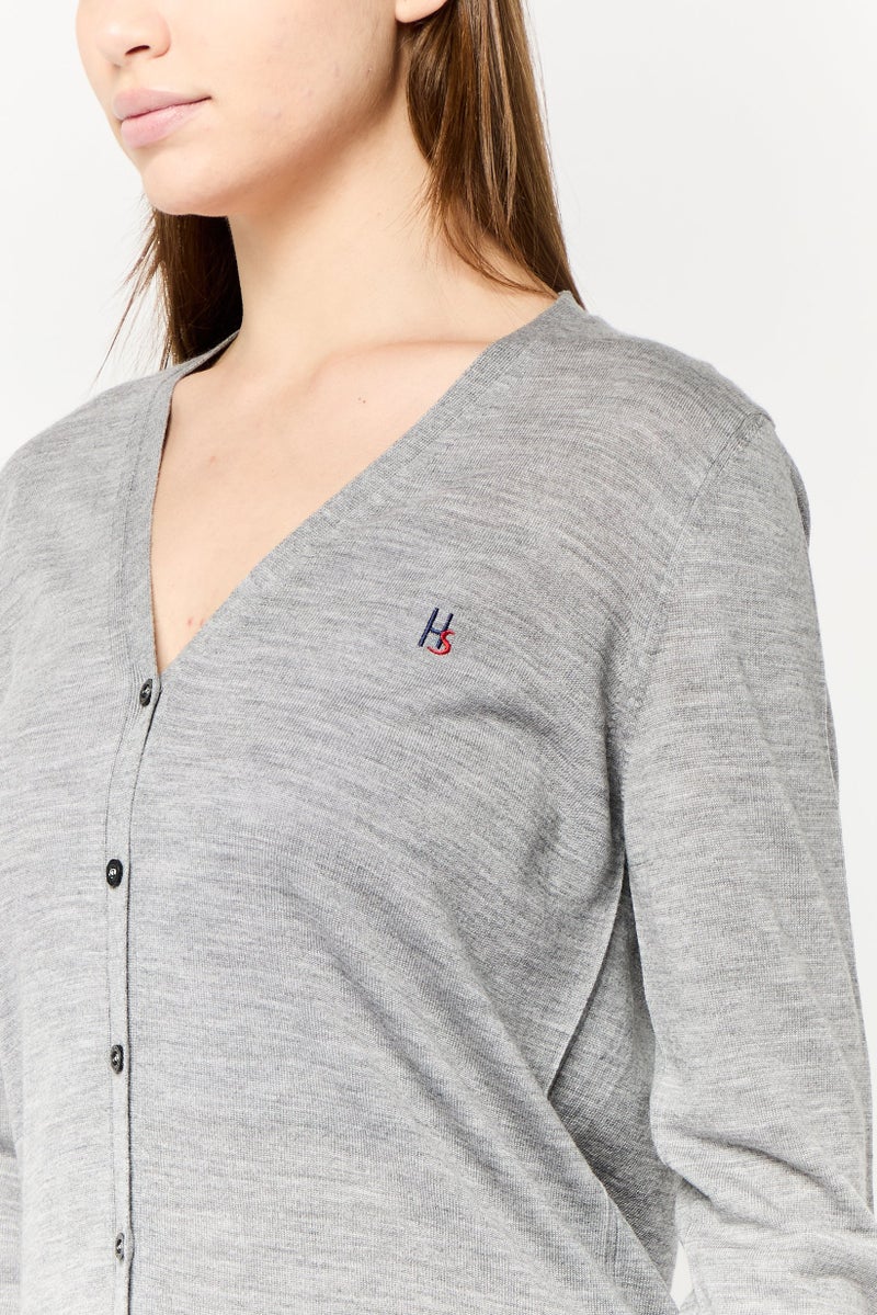 Harmont  Blaine Sport Women V-Neck Embroidered Logo Cardigan, Grey  - Image 3
