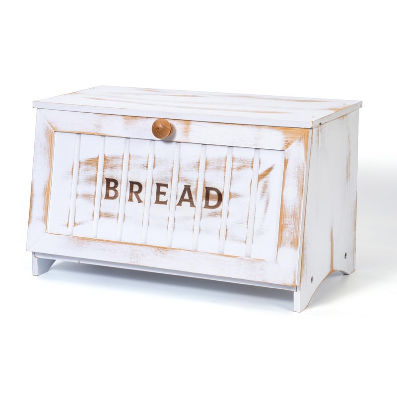 DAOYOUSKY Bamboo Bread Box for Kitchen Countertop White Vintage Wooden Counter Breadbox Single Layer Rustic Wood Large Capacity Bread Storage Container Bin