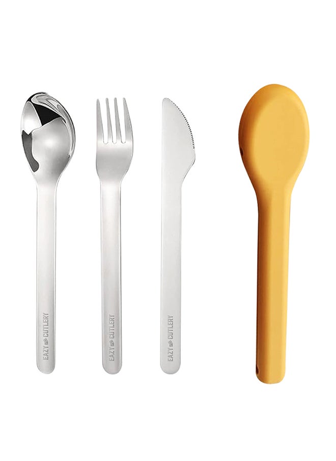 Eazy Kids Cutlery Set - Stainless Steel Spoon, Fork And Knife With Silicone Case (Yellow)  - Image 1