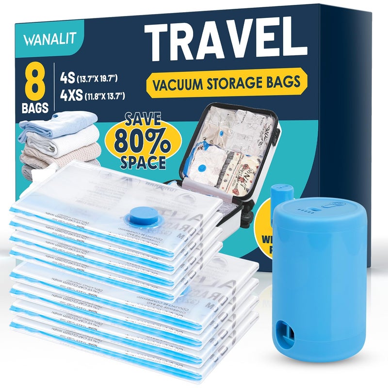Vacuum Storage Bags for Travel 8 Pack 4S4XS Vacuum Seal Bags with Wireless Rechargeable Electric Pump Travel Essentials Space Saving Compression Bag for Clothes Luggage Suitcase Backpack Trip