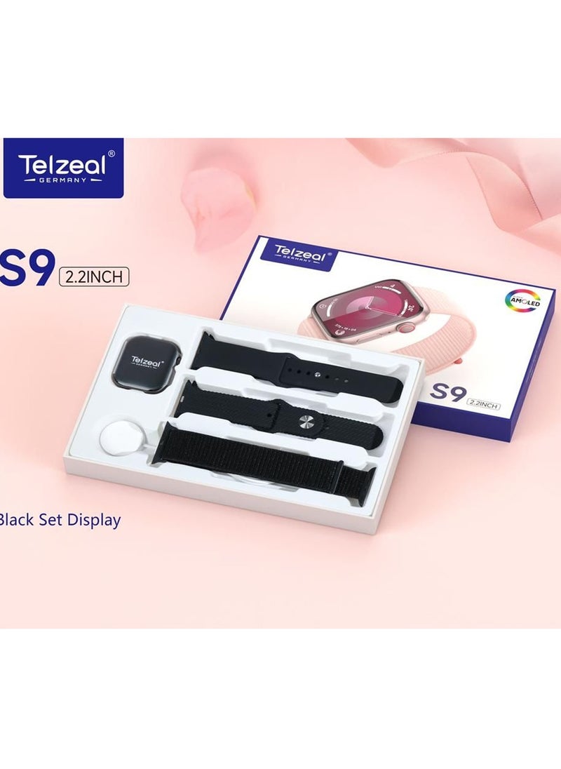 Telzeal - Telzeal S9 2.2 Inch Full Screen AMOLED Display Smart Watch With 3 Pair Strap and Wireless Charger For Ladies and Gents Black - Image 1