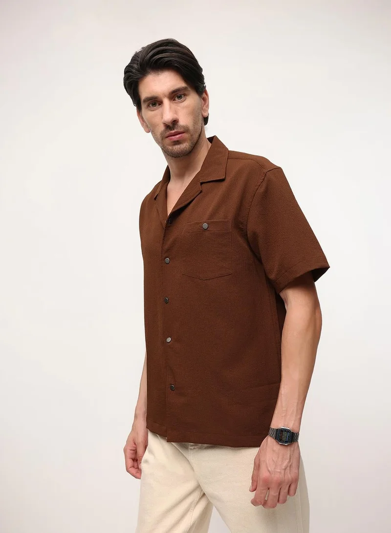 Dennis Lingo Coffee Solid Print Button Down Relaxed Shirt For Men