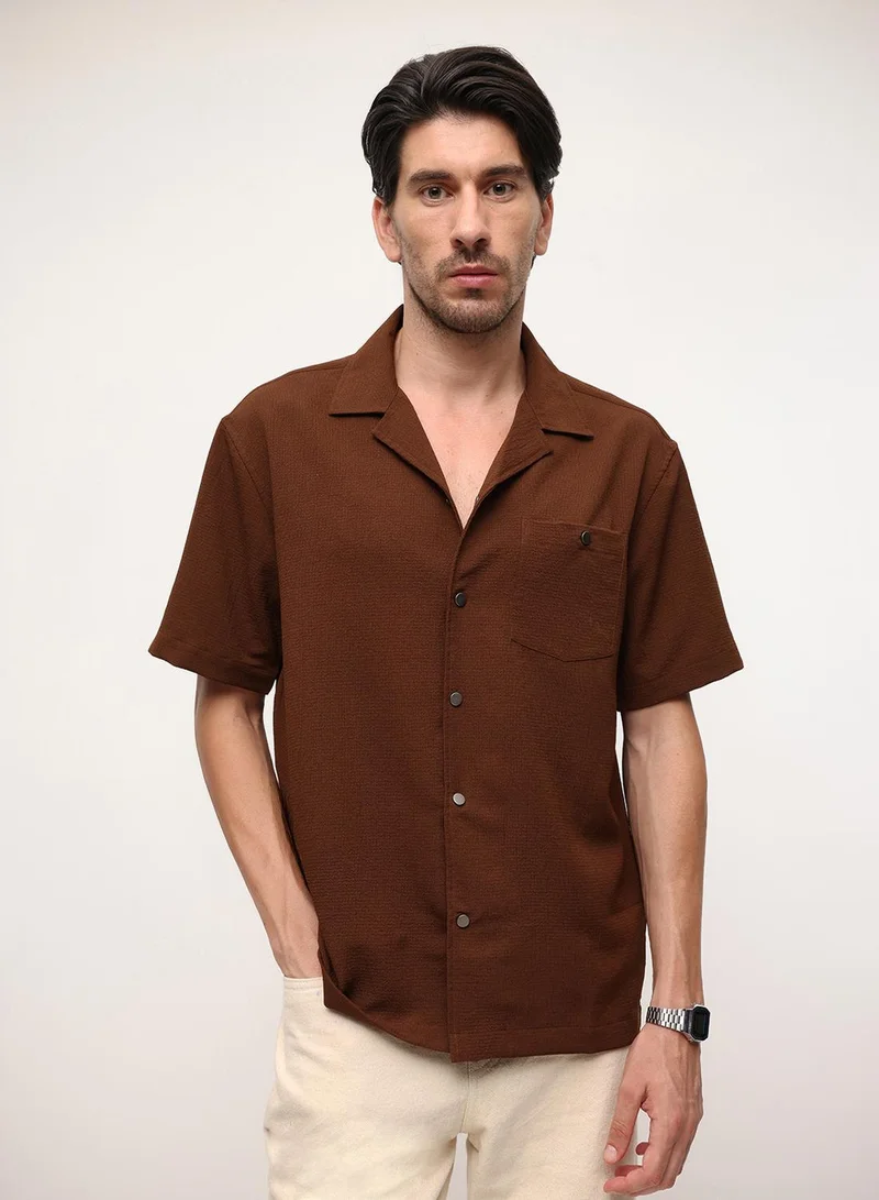 Dennis Lingo Coffee Solid Print Button Down Relaxed Shirt For Men