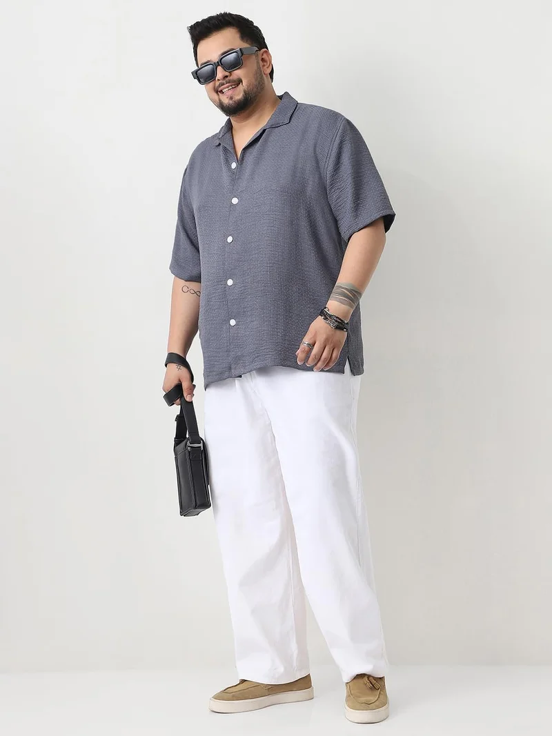 Urbano Fashion  Urbano Plus Men's Slate Blue Cotton Half Sleeve Oversized Fit Textured Shirt with Cuban Collar  | Best Price UAE