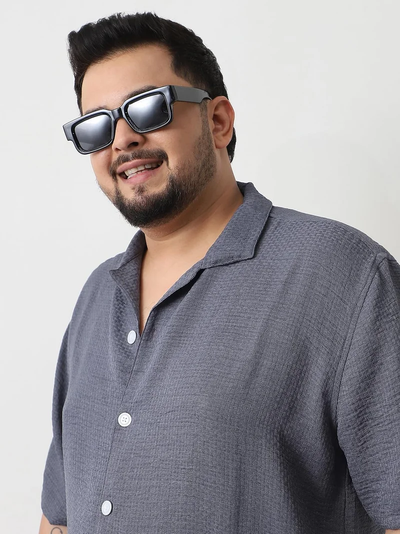 Urbano Plus Men's Slate Blue Cotton Half Sleeve Oversized Fit Textured Shirt with Cuban Collar