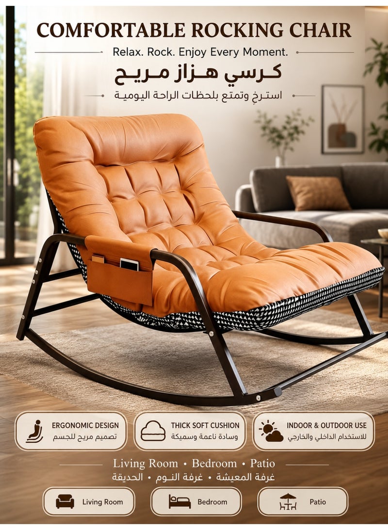 أثير كرسي هزاز مزدوج لغرفة المعيشة للاستخدام الداخلي والخارجي مع مساند ذراعين وحقيبة تخزين، كرسي استرخاء هزاز عصري مع وسادة مبطنة، كرسي استلقاء مريح للشرفة وغرفة المعيشة وغرفة النوم والفناء والحديقة (برتقالي/نقشة نقشة قدم الديك) - Image 1