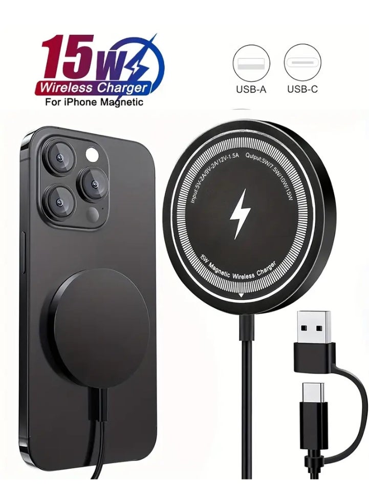 Arabash 15W Magnetic Wireless Charger for iPhone 16/16 Pro/16 Plus/15/15 Pro/14/13/12 Series - Strong magnetic attraction, stable and easy to use, compact design suitable for travel and home, perfect holiday gift, wireless charging pad, elegant cylindrical design, secure phone grip - Image 1