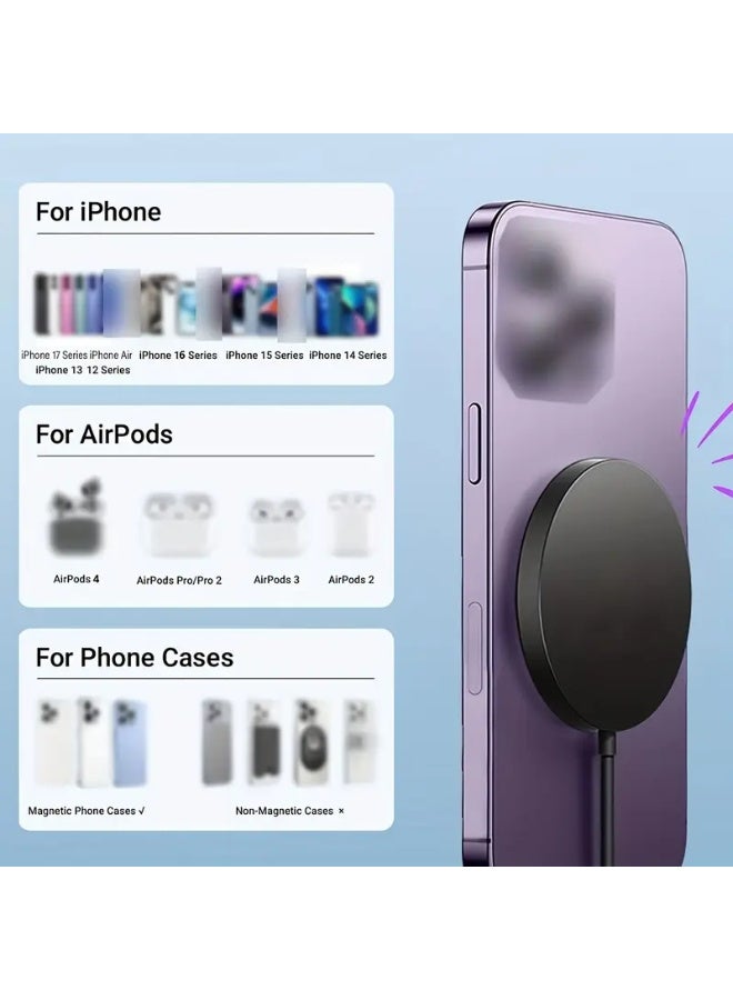 Arabash 15W Magnetic Wireless Charger for iPhone 16/16 Pro/16 Plus/15/15 Pro/14/13/12 Series - Strong magnetic attraction, stable and easy to use, compact design suitable for travel and home, perfect holiday gift, wireless charging pad, elegant cylindrical design, secure phone grip - Image 5