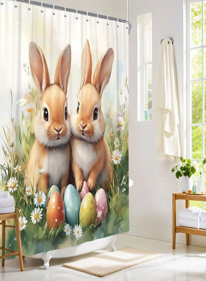 Wathon Easter Shower Curtain Happy Easter Cute Bunny Bathroom Decor Set with Daisy Floral, Cloth Fabric Bathroom Decor Set with Hooks Spring Holiday Shower Curtain 70X70in - Image 2