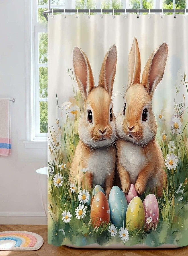 Wathon Easter Shower Curtain Happy Easter Cute Bunny Bathroom Decor Set with Daisy Floral, Cloth Fabric Bathroom Decor Set with Hooks Spring Holiday Shower Curtain 70X70in - Image 1