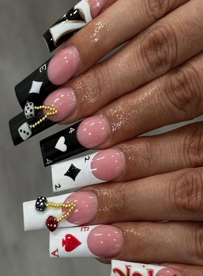 Imrain Press On Nails Long Square Black White French Tips Fake Nails Acrylic False Nails With 3D Dice Designs Full Cover Stick On Nails For Women
