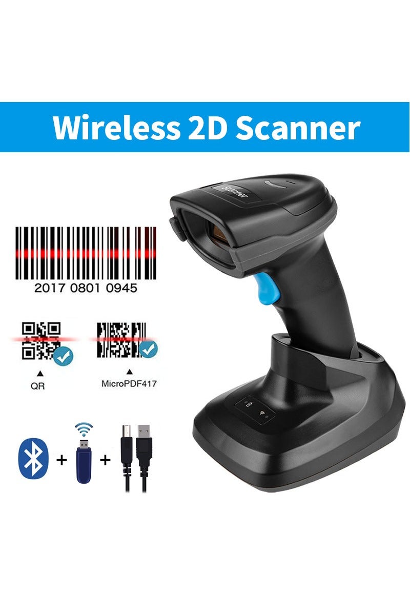 ZYWELL 2D 1D QR Bluetooth Barcode Scanner with Charging Dock, 3-in-1 (2.4G Wireless+Bluetooth+Wired) Wireless Handheld Bar Code Reader, 2200mAh Drop Shock Protection Hands Free for Windows Mac Android iOS