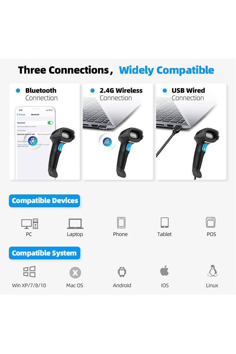 زايويل ماسح باركود بتقنية بلوتوث 2D 1D QR مع قاعدة شحن، قارئ باركود لاسلكي محمول 3 في 1 (2.4 جيجاهرتز لاسلكي + بلوتوث + سلكي)، حماية من الصدمات والسقوط بقوة 2200 مللي أمبير/ساعة، بدون استخدام اليدين، متوافق مع أنظمة Windows Mac وAndroid وiOS - Image 2