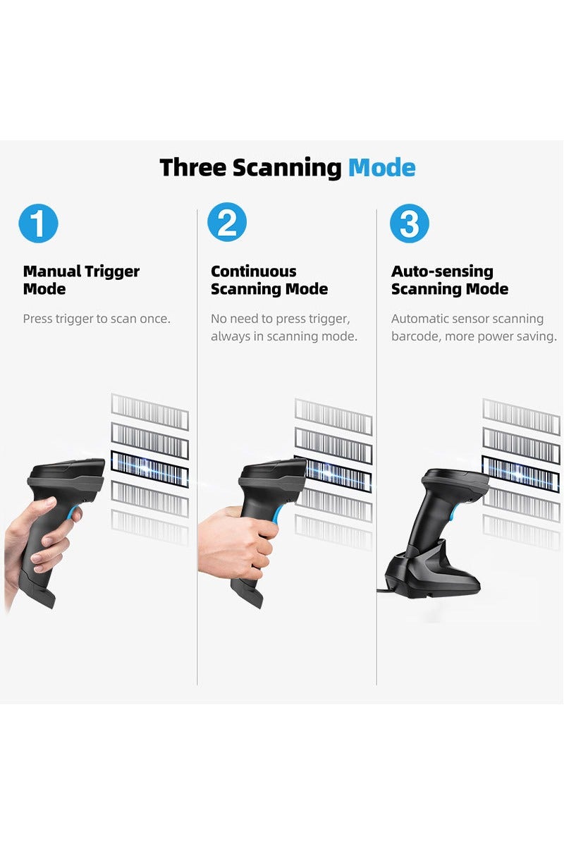 زايويل ماسح باركود بتقنية بلوتوث 2D 1D QR مع قاعدة شحن، قارئ باركود لاسلكي محمول 3 في 1 (2.4 جيجاهرتز لاسلكي + بلوتوث + سلكي)، حماية من الصدمات والسقوط بقوة 2200 مللي أمبير/ساعة، بدون استخدام اليدين، متوافق مع أنظمة Windows Mac وAndroid وiOS - Image 5