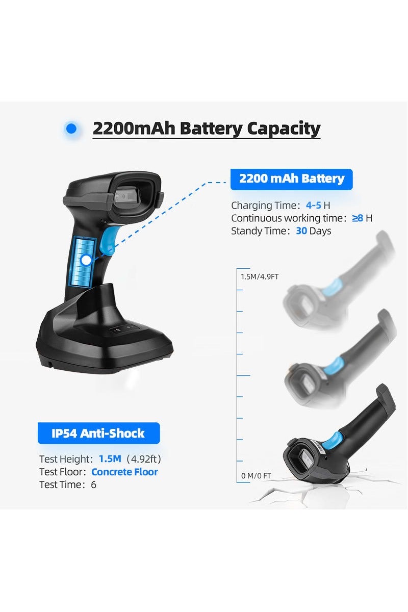 زايويل ماسح باركود بتقنية بلوتوث 2D 1D QR مع قاعدة شحن، قارئ باركود لاسلكي محمول 3 في 1 (2.4 جيجاهرتز لاسلكي + بلوتوث + سلكي)، حماية من الصدمات والسقوط بقوة 2200 مللي أمبير/ساعة، بدون استخدام اليدين، متوافق مع أنظمة Windows Mac وAndroid وiOS - Image 4