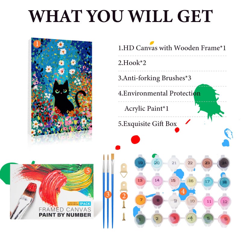 Fountor Paint by Numbers Kit for Adults Beginner & Kids Ages 8-12 with Wooden Frame Easy Acrylic on Canvas 8x12 inch with Paints and Brushes, Paint by Numbers Flowers Cat for Gift Home Wall Decor - Image 5