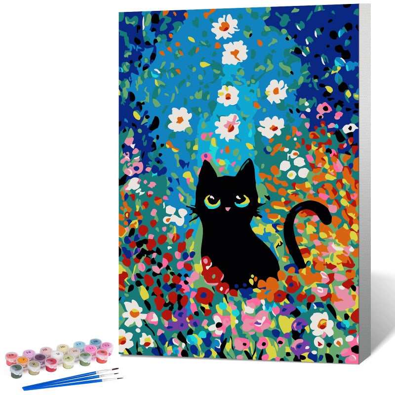 Fountor Paint by Numbers Kit for Adults Beginner & Kids Ages 8-12 with Wooden Frame Easy Acrylic on Canvas 8x12 inch with Paints and Brushes, Paint by Numbers Flowers Cat for Gift Home Wall Decor - Image 1