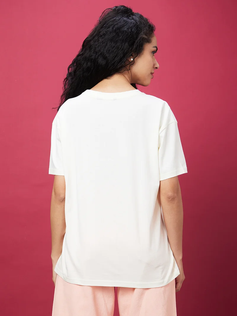 globus Women Graphic Printed Drop Shoulder Sleeves Boxy Cotton Longline T-Shirt