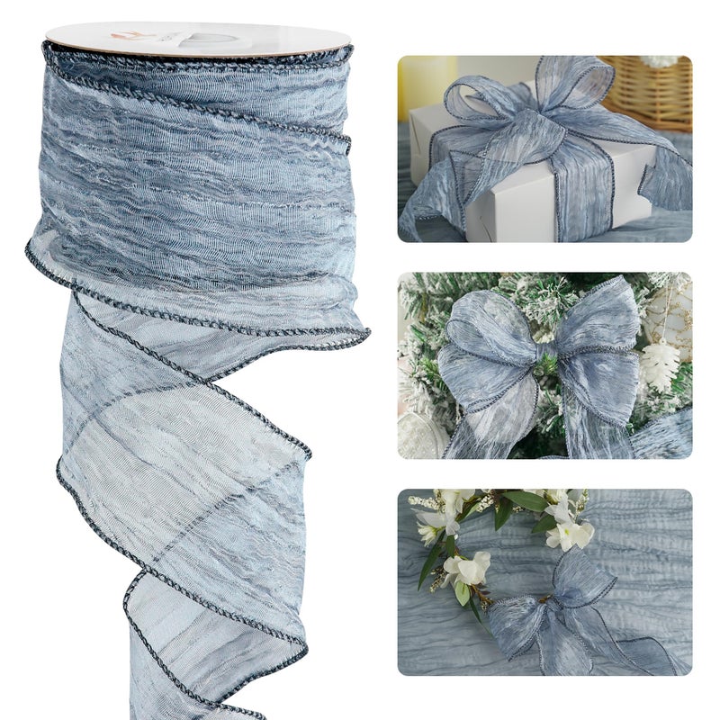 HUIHUANG Blue Wire Ribbon 2.5 inch Metallic Crinkle Dusty Blue Wired Ribbon for Bows Making Gift Wrapping Wreaths Holiday Home Decor DIY Crafts Christmas Tree Bows -10 Yards - Image 1