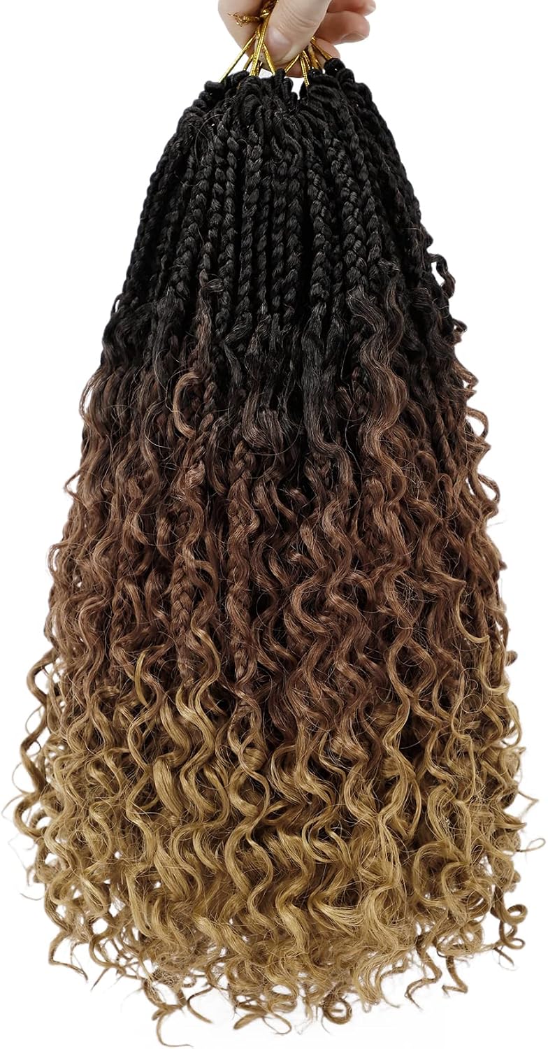 Eerya Goddess Box Braids Crochet Hair 14 Inch 8 Packs Pre-looped Bohemian Crochet Boho Box Braids With Curly Ends 3X Crochet Braids Hair for Women Synthetic Braiding Hair (14 inch, T1B/30/27) - Image 1