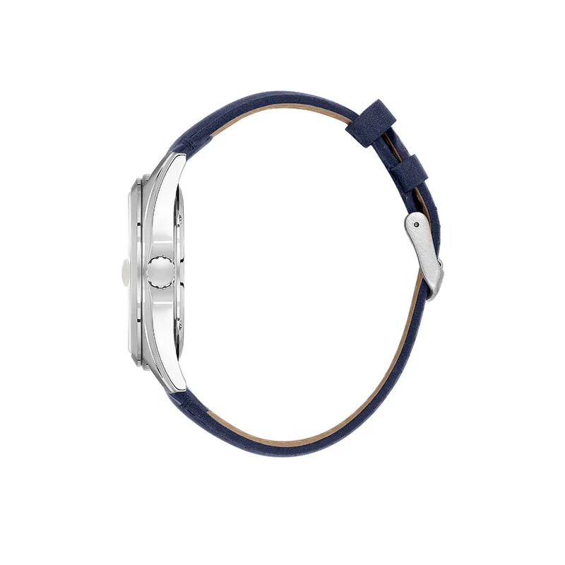 DANIEL KLEIN Men's Leather Silver Alloy Case Analog Dark Blue Round Sunray Dial Japanese Quartz Premium 50 Meters Water Resistant
