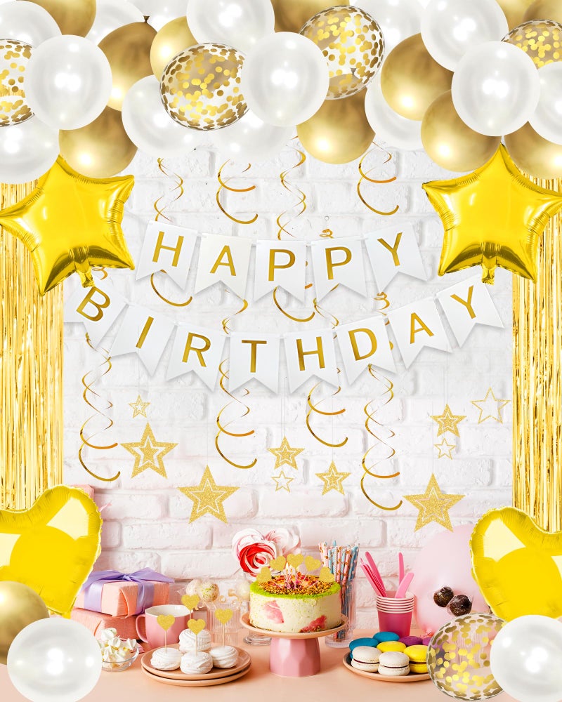 Lutoys Golden Happy Birthday Party Decorations, Happy Birthday Banner, Gold Foil Heart Star Confetti Balloons Curtain Backdrop Hanging Swirls Party Decor for Boys Men - Image 5