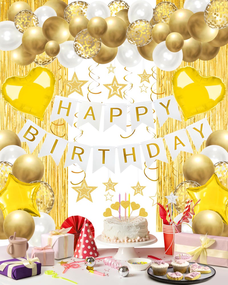 Lutoys Golden Happy Birthday Party Decorations, Happy Birthday Banner, Gold Foil Heart Star Confetti Balloons Curtain Backdrop Hanging Swirls Party Decor for Boys Men - Image 1