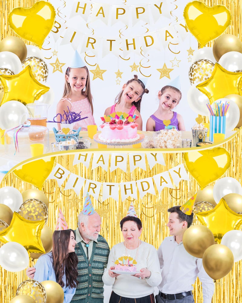 Lutoys Golden Happy Birthday Party Decorations, Happy Birthday Banner, Gold Foil Heart Star Confetti Balloons Curtain Backdrop Hanging Swirls Party Decor for Boys Men - Image 3
