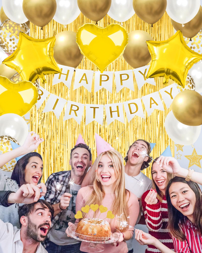 Lutoys Golden Happy Birthday Party Decorations, Happy Birthday Banner, Gold Foil Heart Star Confetti Balloons Curtain Backdrop Hanging Swirls Party Decor for Boys Men - Image 2