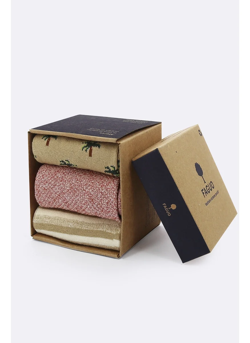 Faguo Set of 3X Socks - Beige Stripes, Red and Palm Trees