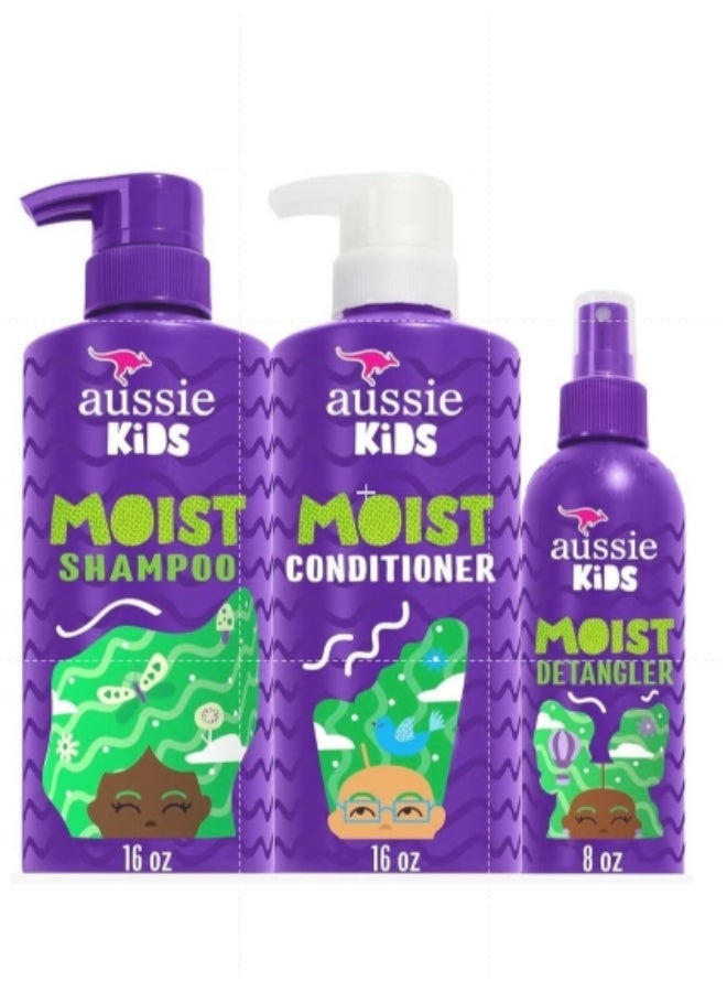 Aussie Kids Hair Care Bundle Set Including: Shampoo (16 Fl Oz), Conditioner (16 Fl Oz) & Detangler Spray (8 Fl Oz), Paraben- Freem Sulfate-Free, Dye-Free, Cruelty-Free, Tangle-Free Styling