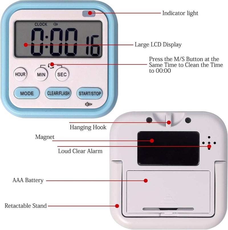 Trifecta Digital Kitchen Timer Stop Watch LCD Screen Loud Alarm Strong Magnetic Back and Stand Minute Seconds Count Up Countdown and Simple Operation for Homework Game Exercise Kids (Blue) - Image 2