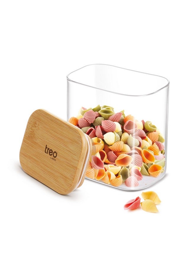 Treo By Milton Recto Kitchen Storage Jar with Airtight Wooden Lid, 1300ml, Borosilicate Glass Container, Transparent, Microwave & Refrigerator Safe Canister for Coffee Tea Sugar Spice Cookies Flour - Image 1