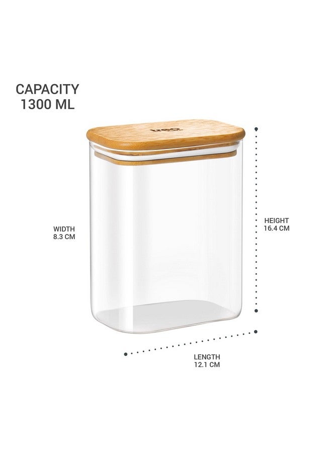 Treo By Milton Recto Kitchen Storage Jar with Airtight Wooden Lid, 1300ml, Borosilicate Glass Container, Transparent, Microwave & Refrigerator Safe Canister for Coffee Tea Sugar Spice Cookies Flour - Image 4
