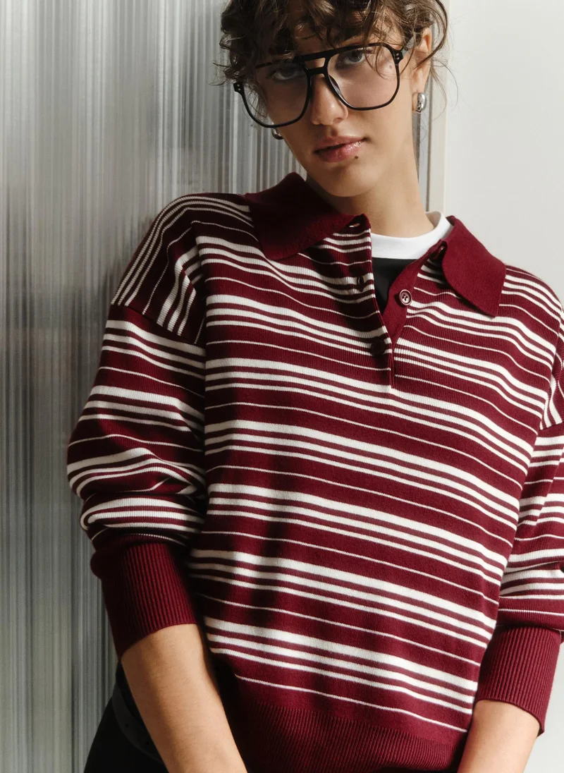 Striped knitted polo with long sleeves
