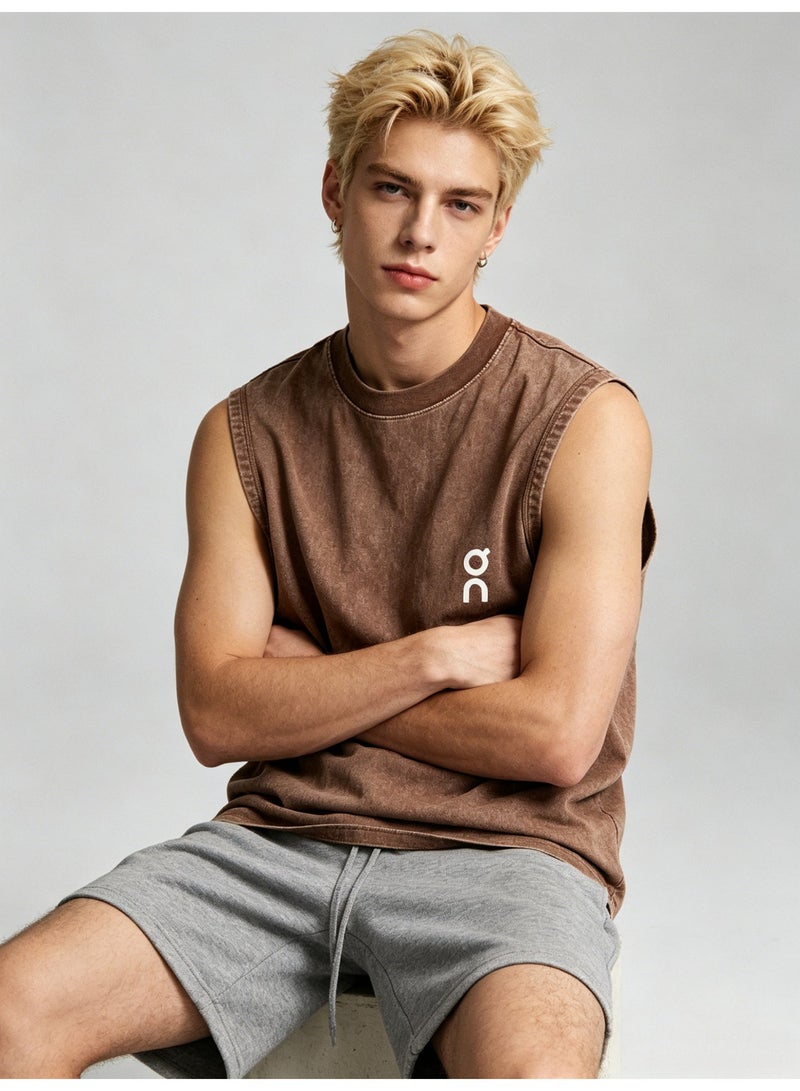 On Running Men’s Vintage Washed Brown Sleeveless White Logo Crew Neck Tank Top - Image 3