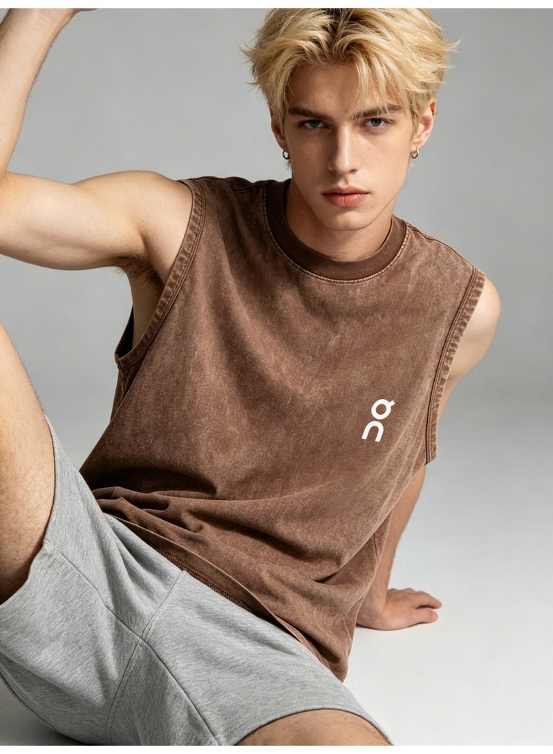 On Running Men’s Vintage Washed Brown Sleeveless White Logo Crew Neck Tank Top - Image 2
