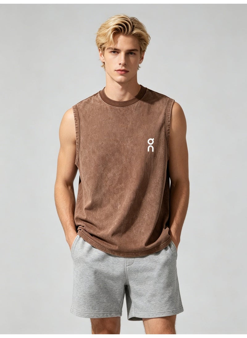 On Running Men’s Vintage Washed Brown Sleeveless White Logo Crew Neck Tank Top - Image 1