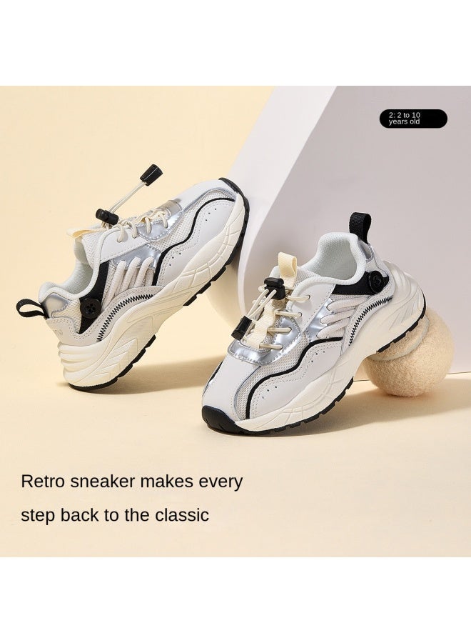 【سلسلة الرياضية للأطفال المتوسطة والكبيرة】أحذية رياضية للأطفال، أحذية موضة الربيع/الخريف، أحذية رياضية بيضاء قابلة للتنفس، أحذية قماشية - Image 2