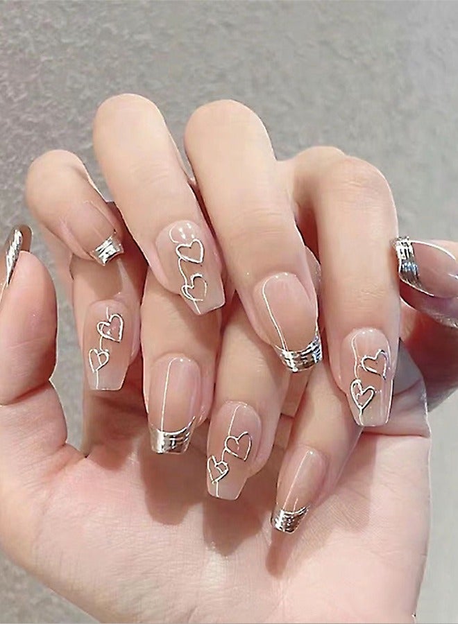 NIBEMINENT 24Pcs Fake Nails, Press Nails In Box,Long-length Flat head shaped Solid Skin Color Shiny Nail Art,Gold Love Heart Fake Nail Patch - Image 1