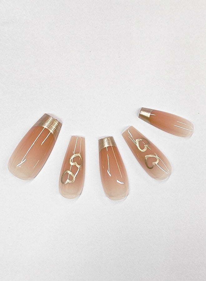 NIBEMINENT 24Pcs Fake Nails, Press Nails In Box,Long-length Flat head shaped Solid Skin Color Shiny Nail Art,Gold Love Heart Fake Nail Patch - Image 2