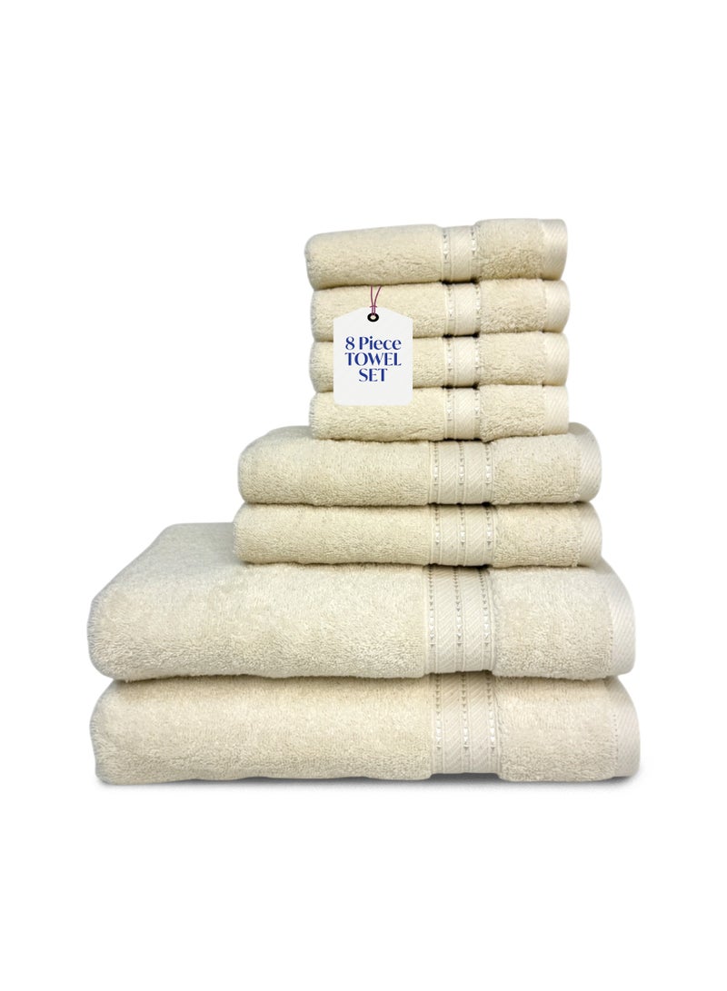 كاسينو Kassino 8 Piece Towels Set - 100% Combed Cotton Includes 2 Bath, 2 Hand & 4 Face Towels, Soft & Quick-Dry, Highly Absorbent, Double Stitched Hotel Towels Quality | Ivory - Image 1