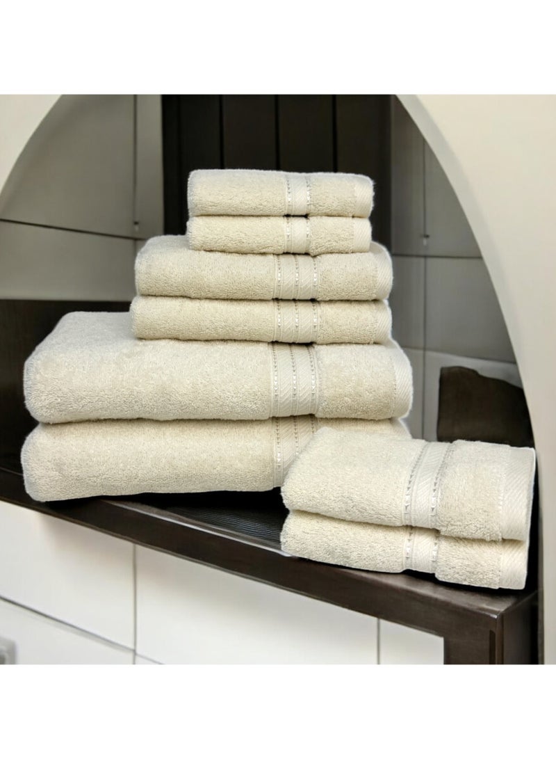 كاسينو Kassino 8 Piece Towels Set - 100% Combed Cotton Includes 2 Bath, 2 Hand & 4 Face Towels, Soft & Quick-Dry, Highly Absorbent, Double Stitched Hotel Towels Quality | Ivory - Image 2