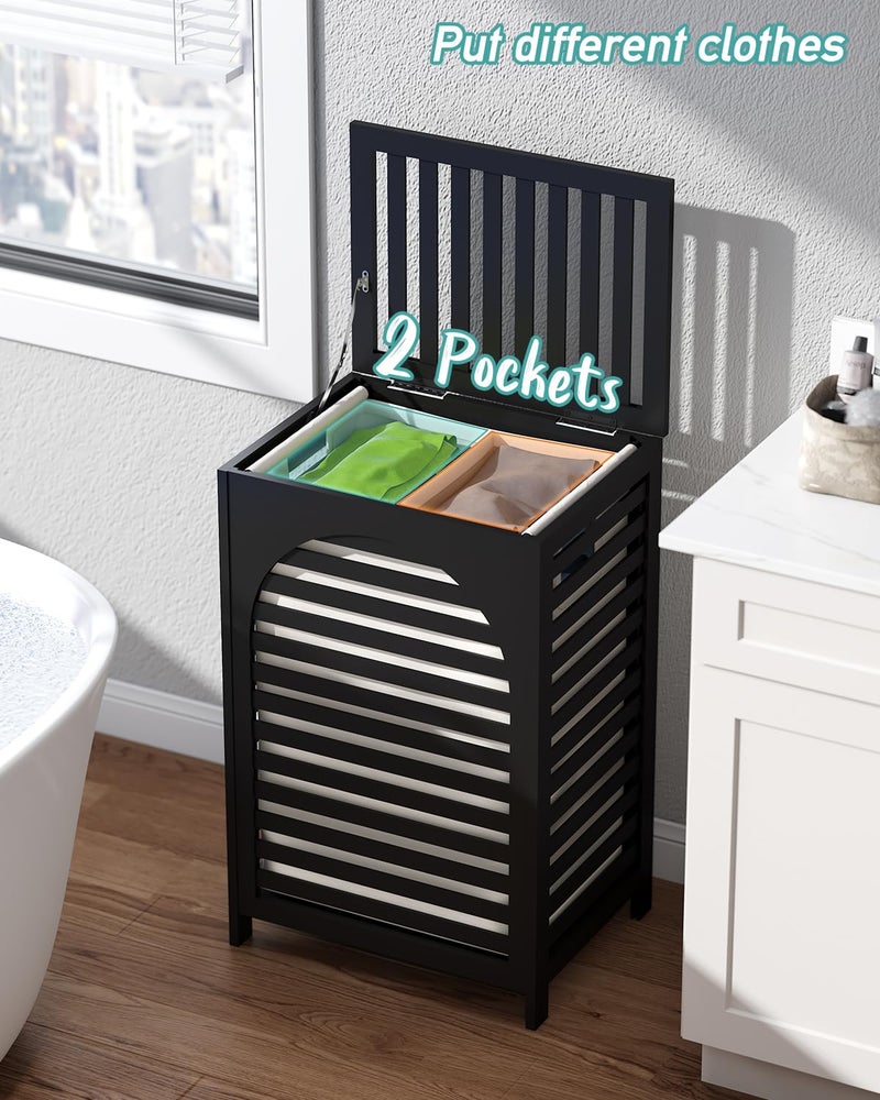 Vriccc Laundry Hamper, 22.5 Gallon (85L) Bamboo Wood Clothes Laundry Basket with Lid and Handles, Removable Liner (Black, Large) - Image 2