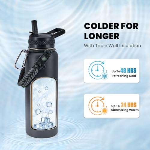 RAYMYLO Insulated Water Bottle 40 oz, Triple Wall Vacuum Stainless Steel (Cold for 48 Hrs), Leak Proof & Non-BPA, Modern Water Flask Jug with Paracord Handle & Straw Spout Lids, Dark Grey - Image 2