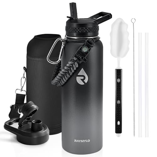 RAYMYLO Insulated Water Bottle 40 oz, Triple Wall Vacuum Stainless Steel (Cold for 48 Hrs), Leak Proof & Non-BPA, Modern Water Flask Jug with Paracord Handle & Straw Spout Lids, Dark Grey - Image 1